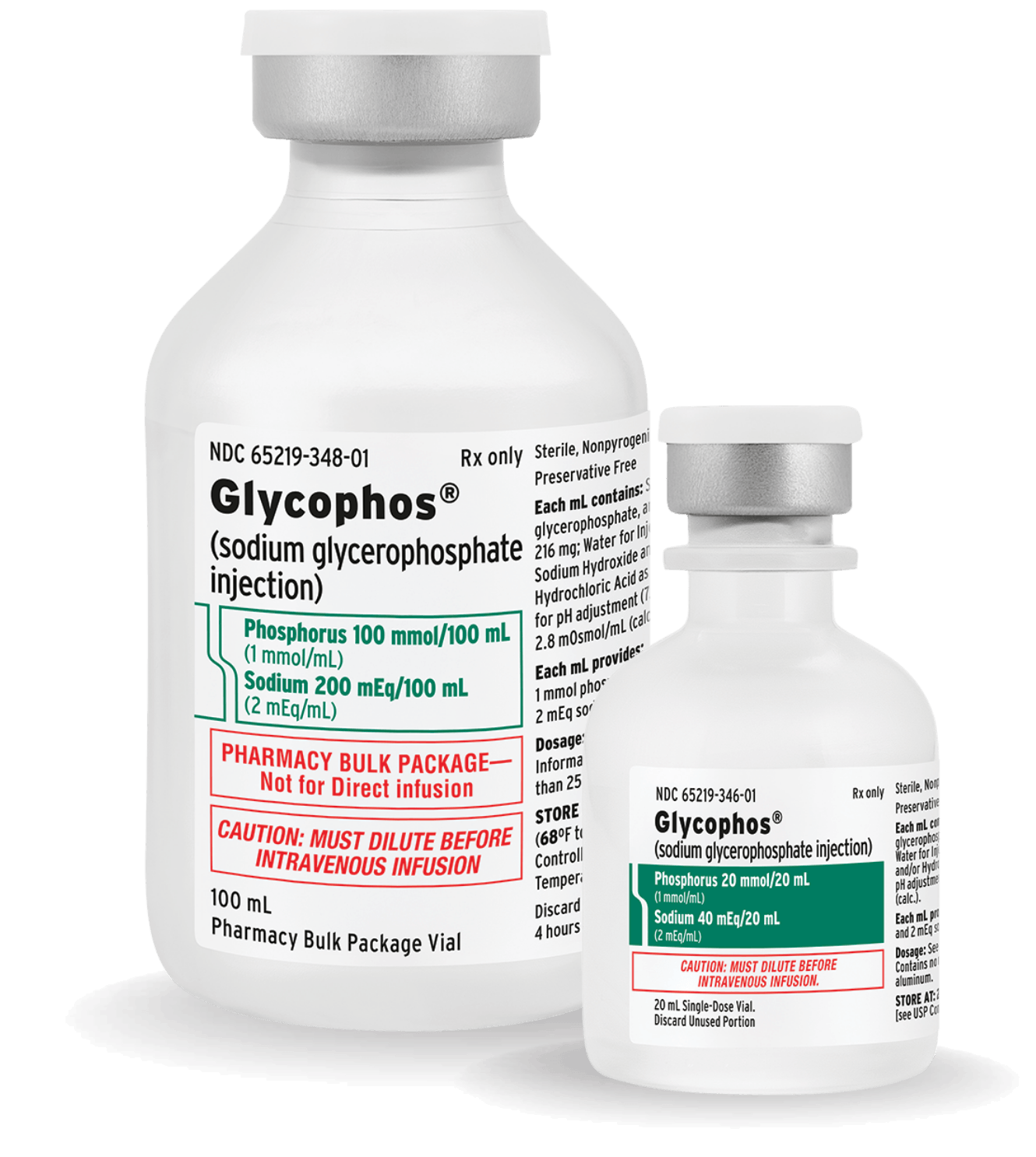 Two Glycophos (sodium glycerophosphate injection) vials side by side, a 100 mL Pharmacy Bulk Package and a 20 mL Single-Dose Vial, each with silver caps and printed dosage labels