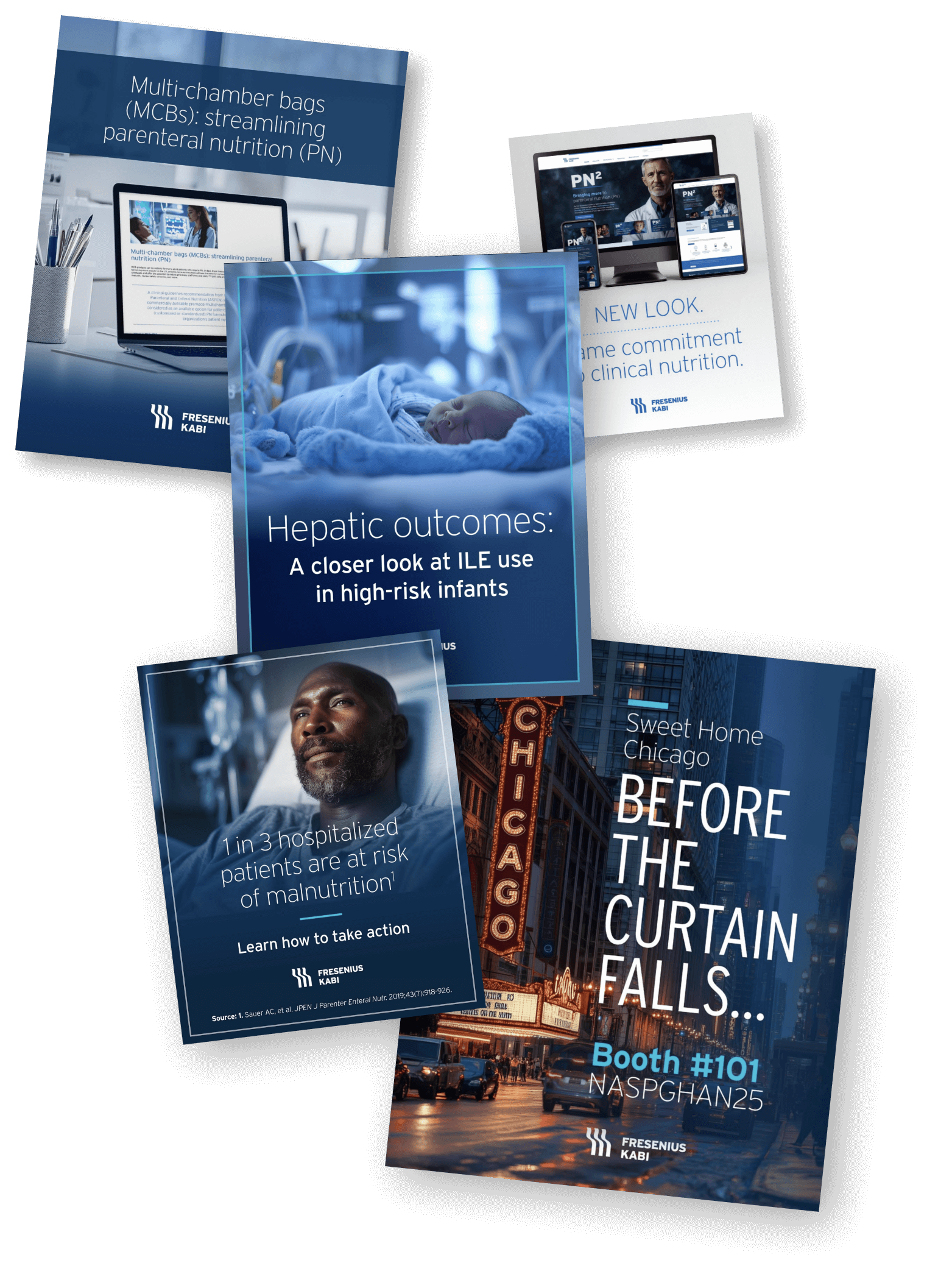 Collage of promotional materials for Fresenius Kabi parenteral nutrition products: includes brochure covers on multi-chamber bags (MCBs) for streamlining PN, hepatic outcomes with ILE in high-risk infants featuring a sleeping newborn, a patient risk awareness ad showing a hospitalized man with malnutrition statistic (1 in 3 patients at risk), and event booth graphics for NASPGHAN25 with Chicago theater theme "Before the Curtain Falls", plus digital screens displaying PN² program and new look branding