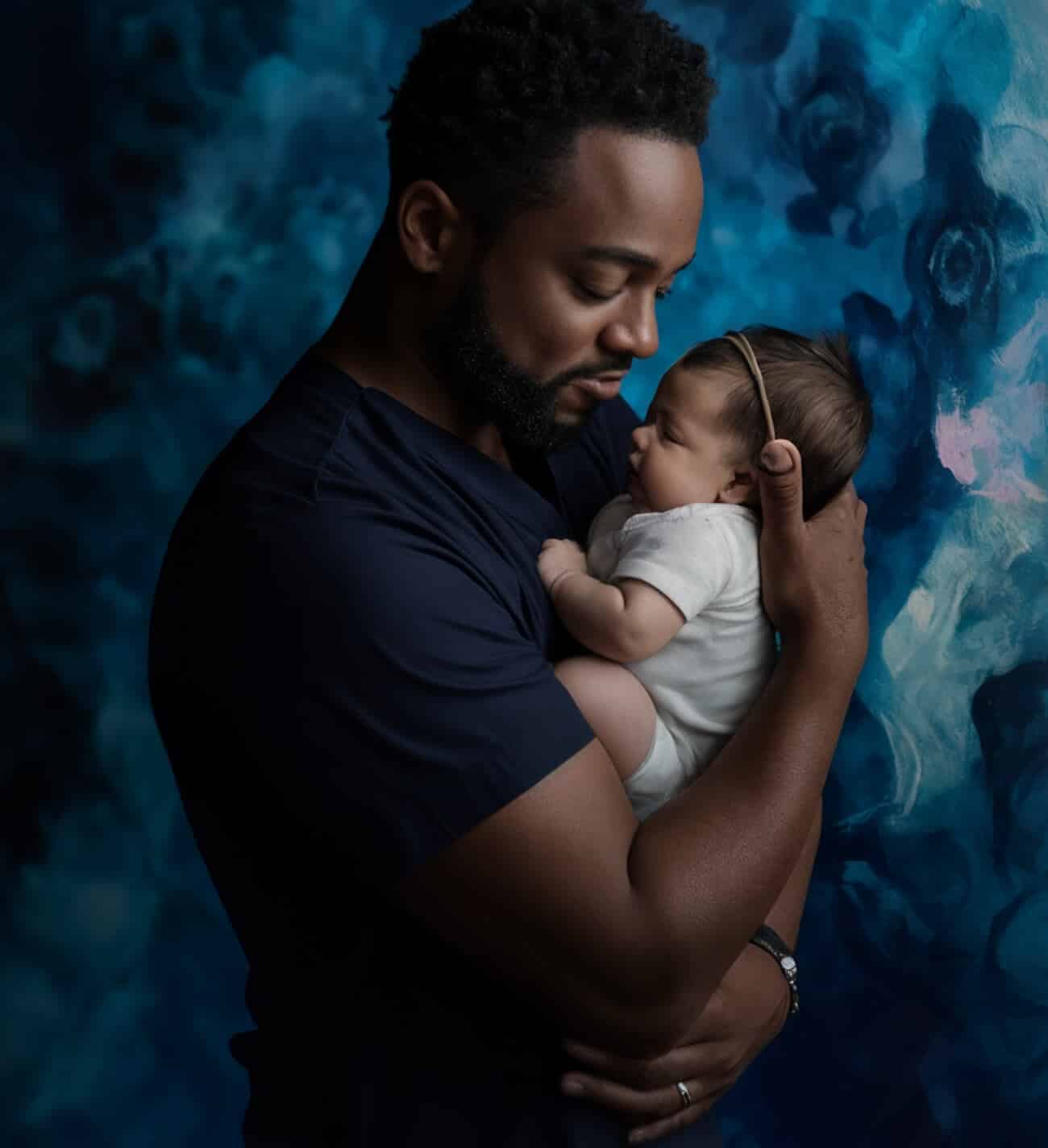 A man gently cradles a newborn baby in his arms, both looking tenderly at each other. The baby is dressed in white and has a light-colored headband. They are positioned against a dramatic, abstract blue and black background.