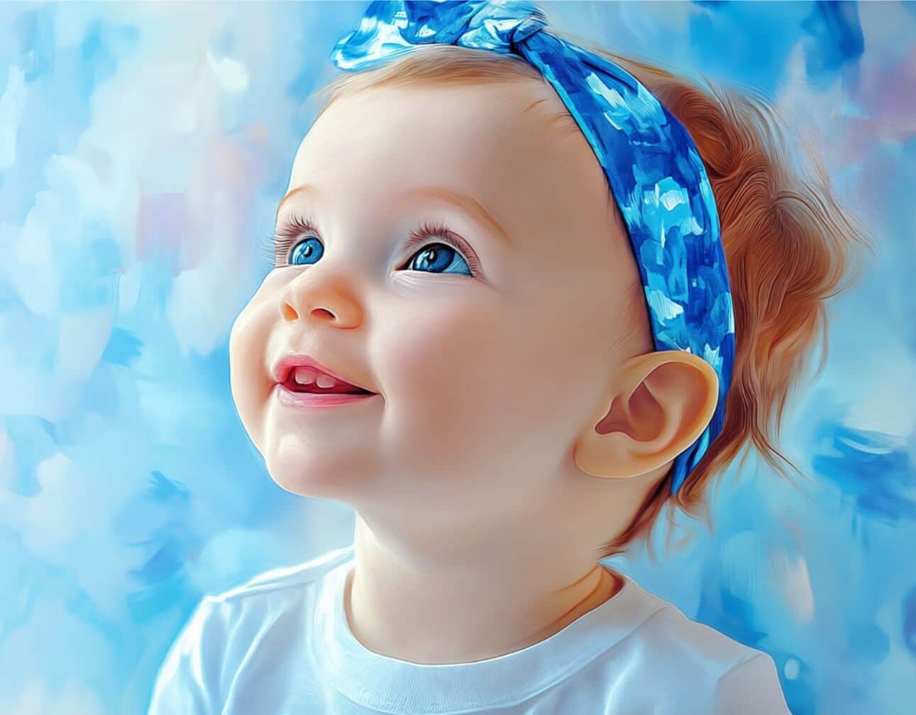 A happy baby with blue eyes and light brown hair looks upwards and to the left, smiling. The baby wears a blue and white patterned headband and a white shirt against a soft, light blue background.
