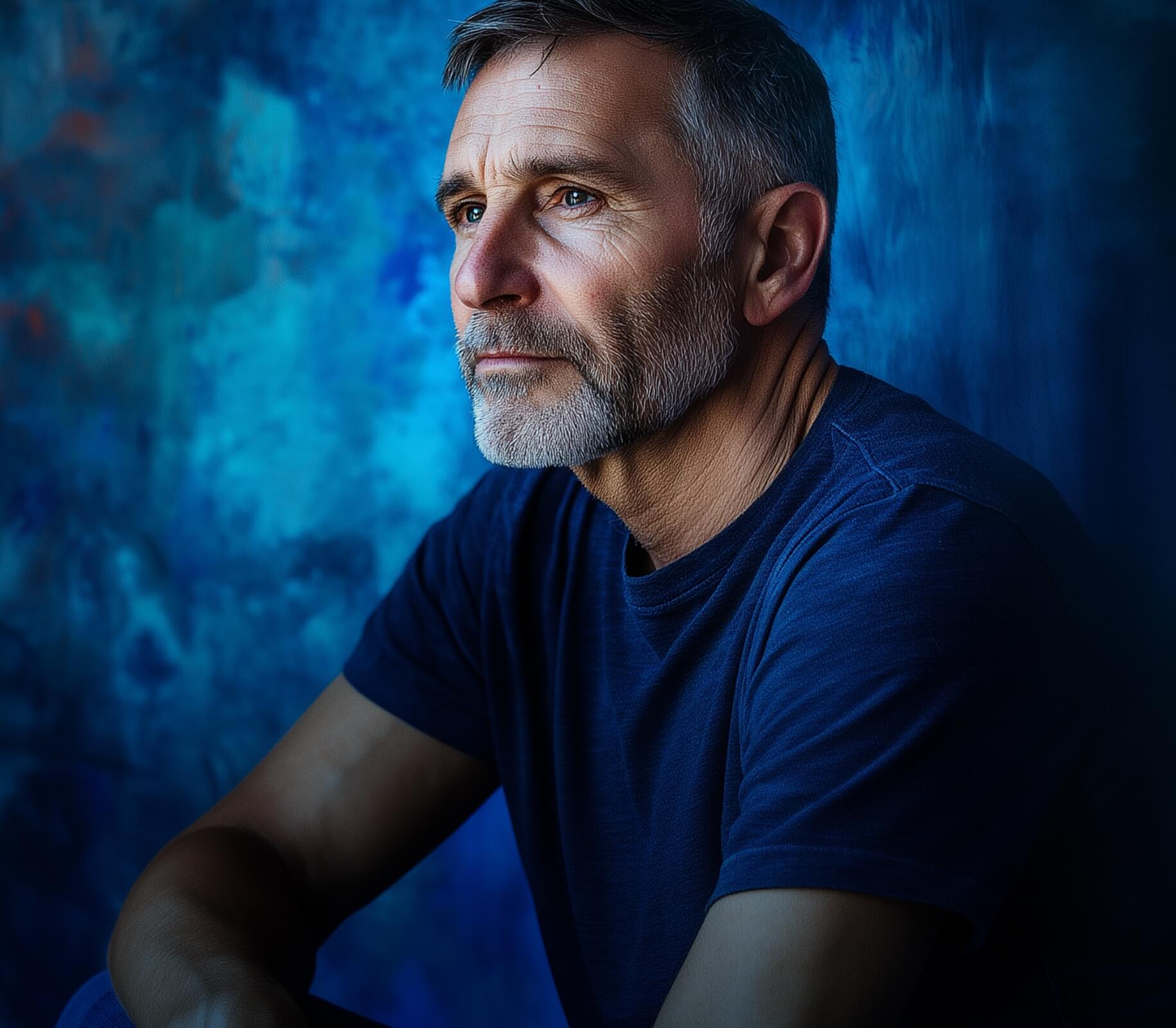A man with short, graying hair and a beard, wearing a dark blue t-shirt, looks pensively to the right. He is positioned against a textured dark blue background.