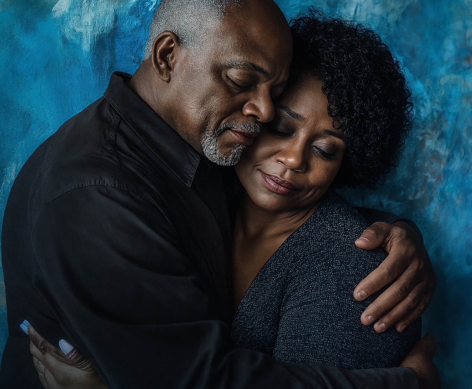 A couple embraces against a textured blue background. The man, on the left, has short gray hair and a beard, and is wearing a dark shirt. The woman, on the right, has dark, curly hair and is wearing a dark top. Both have their eyes closed and are smiling softly, appearing to be in a tender moment.