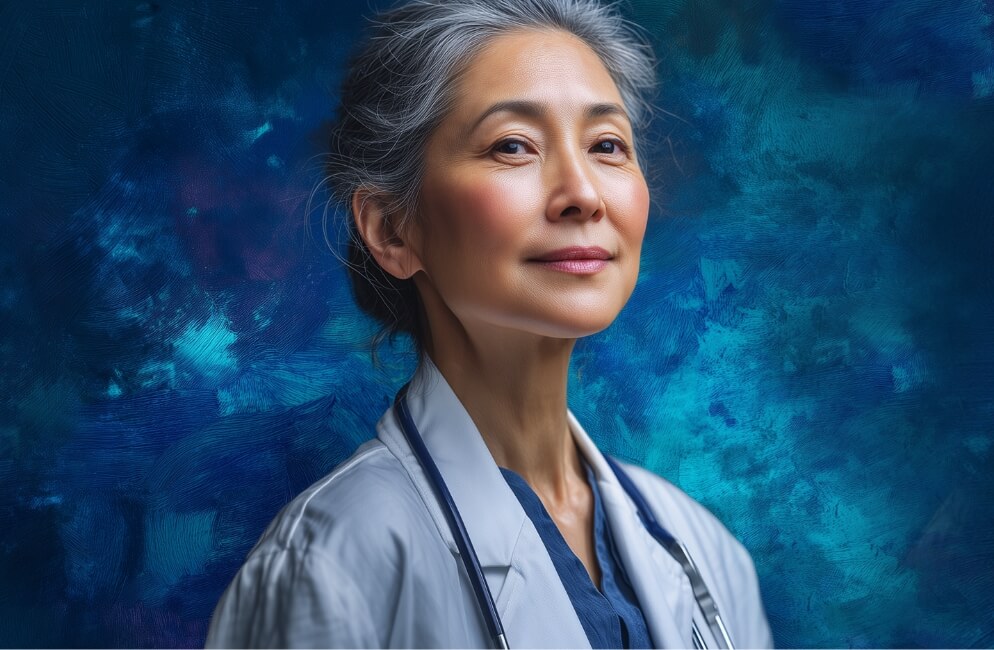 A female healthcare professional with graying hair, wearing a white lab coat over blue scrubs and a stethoscope, looks calmly to the upper left against a dark blue, textured background.