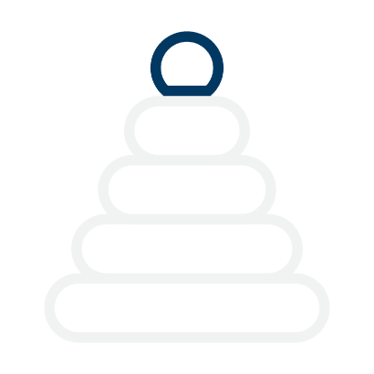 An outline icon of a classic ring stacker toy, with a dark blue ring on top of progressively larger white rings, all set against a dark green background.