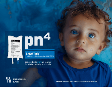 A promotional image featuring a young child with bright blue eyes, wearing a blue shirt, looking directly at the viewer. To the left of the child is an illustration of an IV bag with "pn^4" and "SMOFlipid® Lipid Injectable Emulsion, USP 20%" written next to it. Below that text, it reads "Designed with more oil sources for a balanced fatty acid profile." The bottom left corner features the "FRESENIUS KABI" logo, and the bottom right has text saying "Please see Brief Summary of Prescribing Information on pages 5-8." The background is a textured blue.