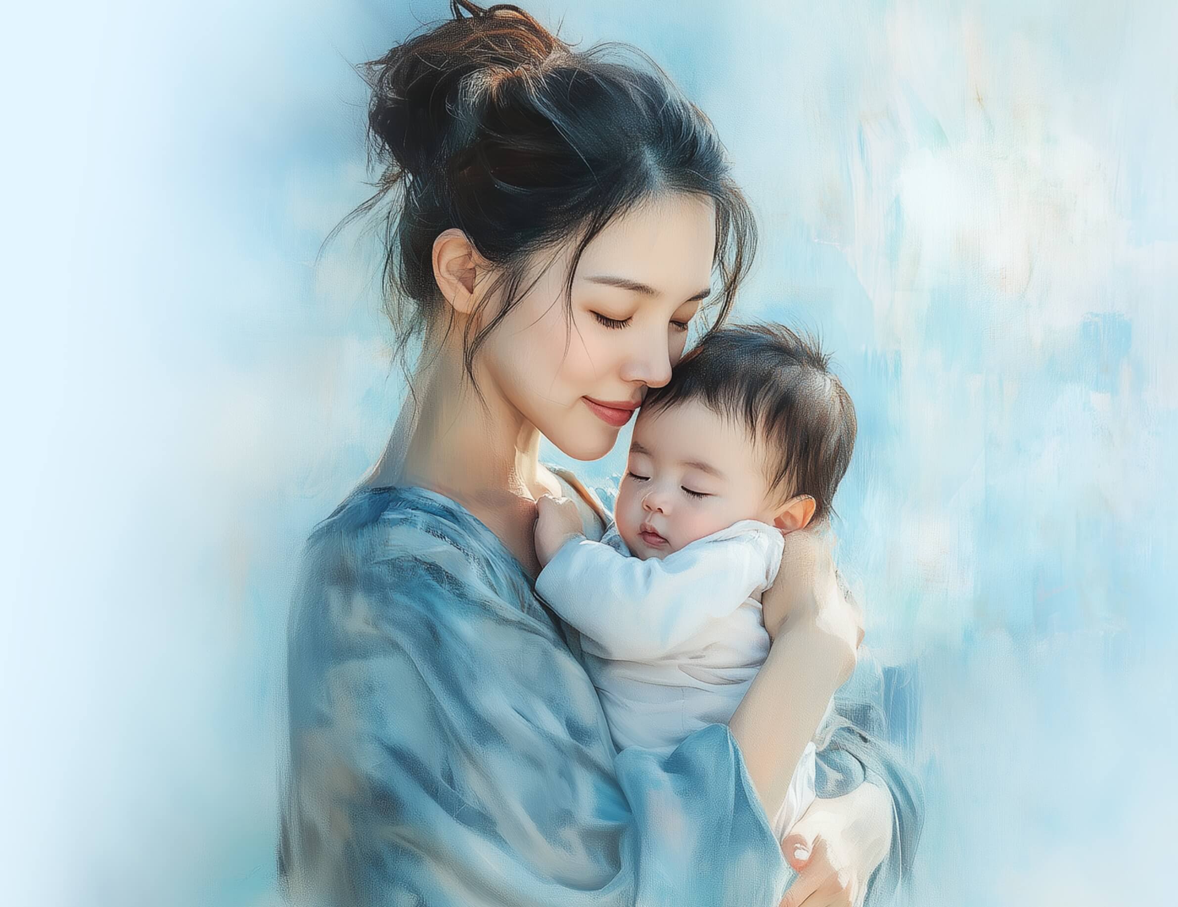 A tender moment captured between a woman and a baby, with the woman holding the sleeping baby close to her. Both have peaceful expressions, against a softly blended blue and white background that evokes a sense of serenity.