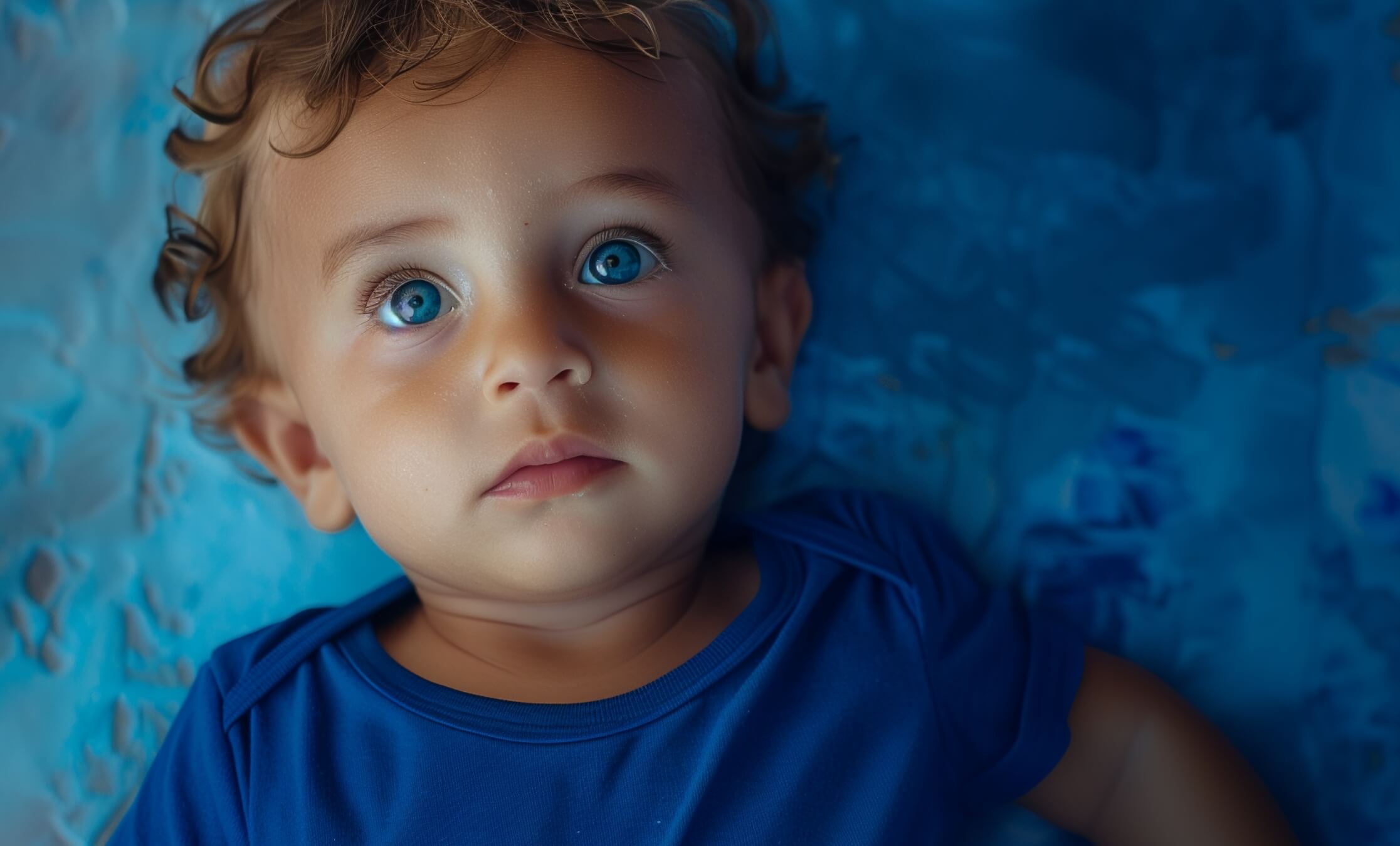 A close-up, high-angle shot shows a baby with bright blue eyes and light brown, curly hair, wearing a dark blue t-shirt. The baby is lying on a textured blue fabric, looking upwards and slightly to the left.