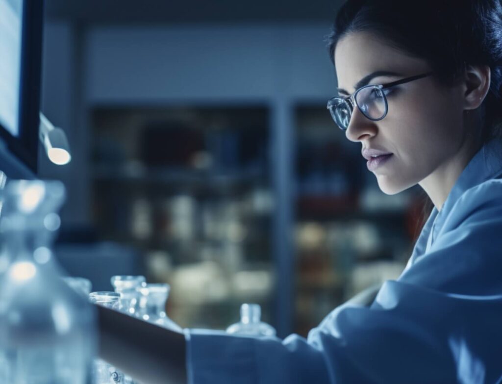 a medical worker works at a computer. there are various bottles and cones on the table next to her