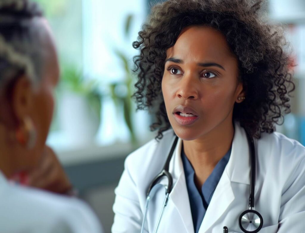 Concerned female doctor in a lab coat listening intently to an elderly patient during a medical consultation in a bright office.