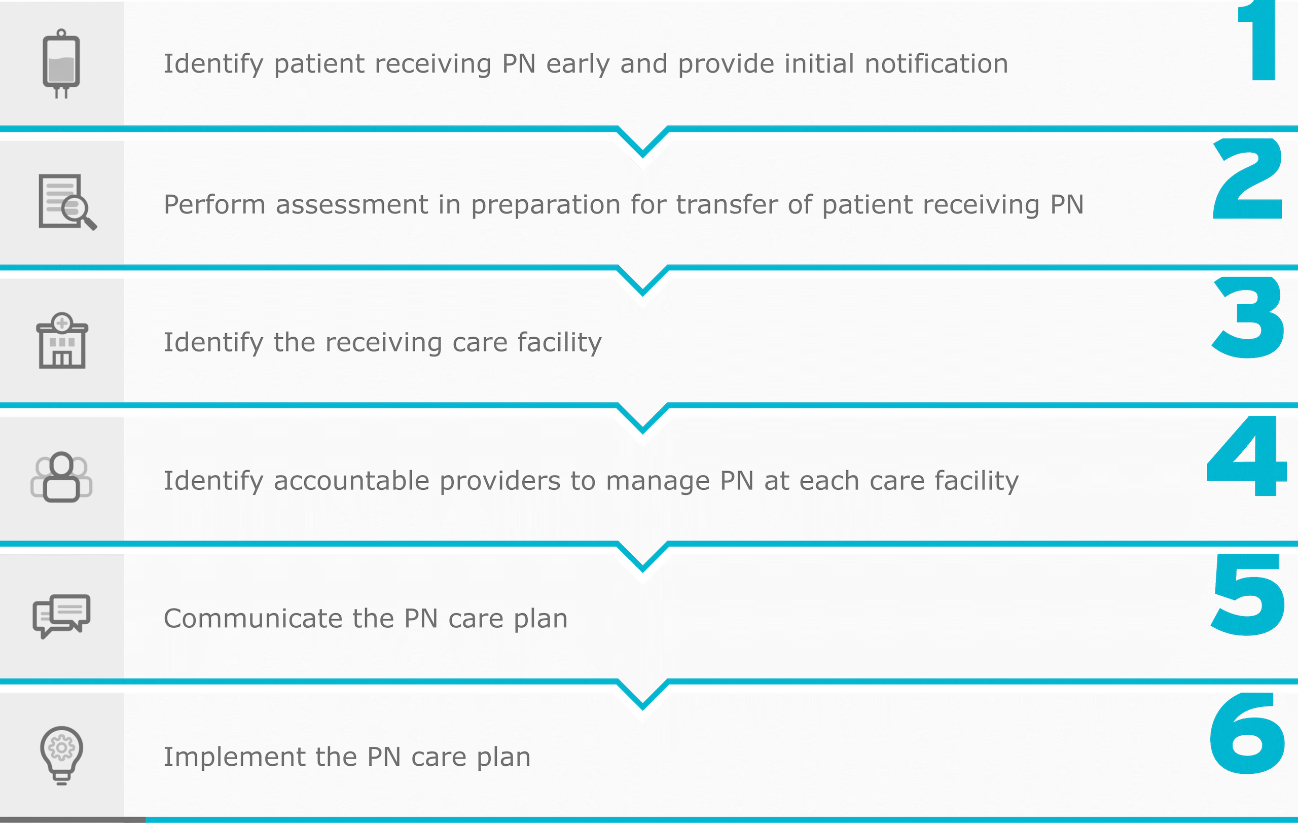 tep-by-step infographic outlining a six-phase process for patient care: 1. Identify patient receiving PN early and provide initial notification, 2. Perform assessment in preparation for transfer of patient receiving PN, 3. Identify the receiving care facility, 4. Identify accountable providers to manage PN at each care facility, 5. Communicate the PN care plan, 6. Implement the PN care plan.