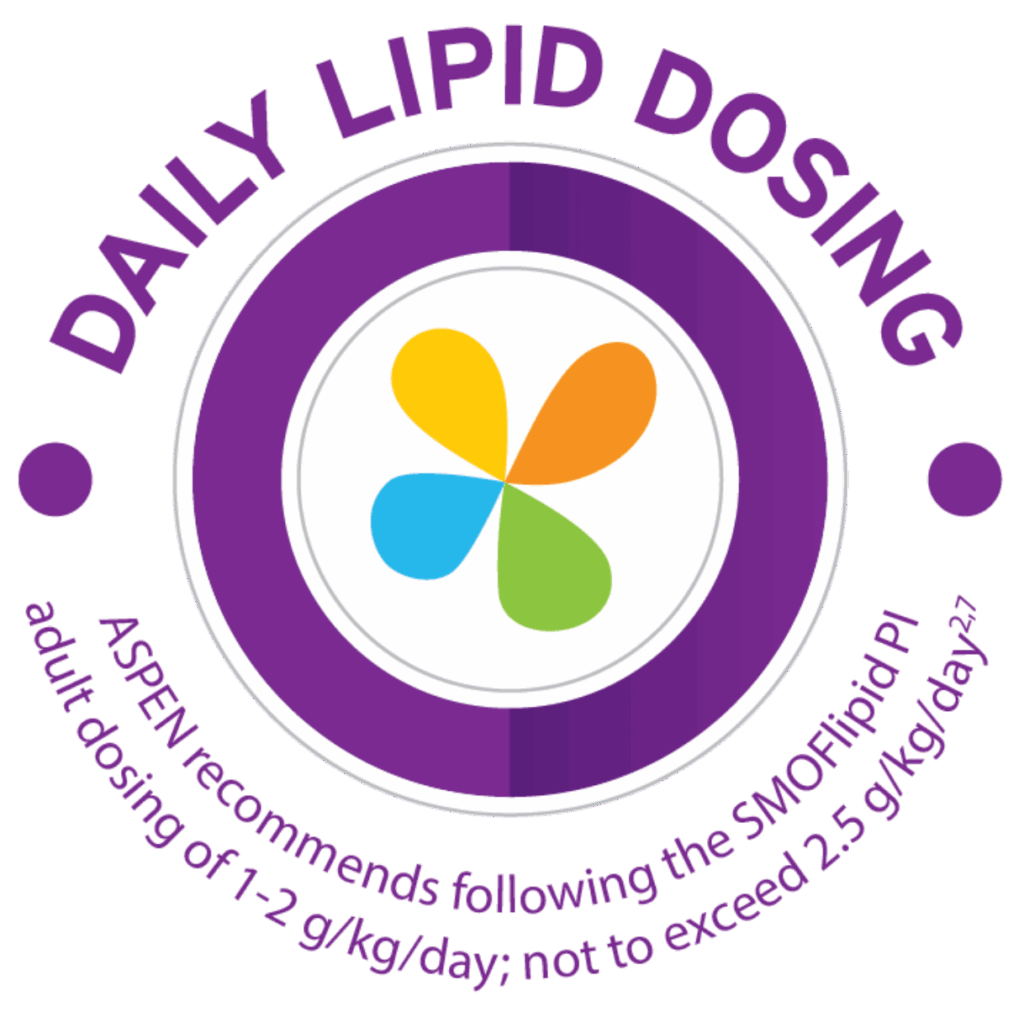 Purple circular badge with a colorful four-petal icon in the center and text promoting daily lipid dosing recommendations for adults.