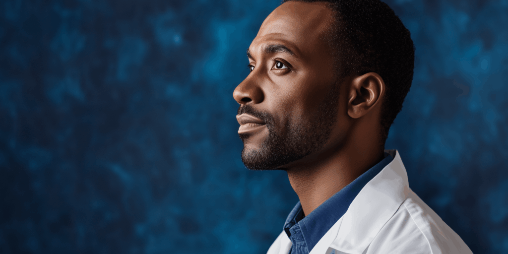 Profile view of a thoughtful male doctor wearing a white coat against a dark blue background.