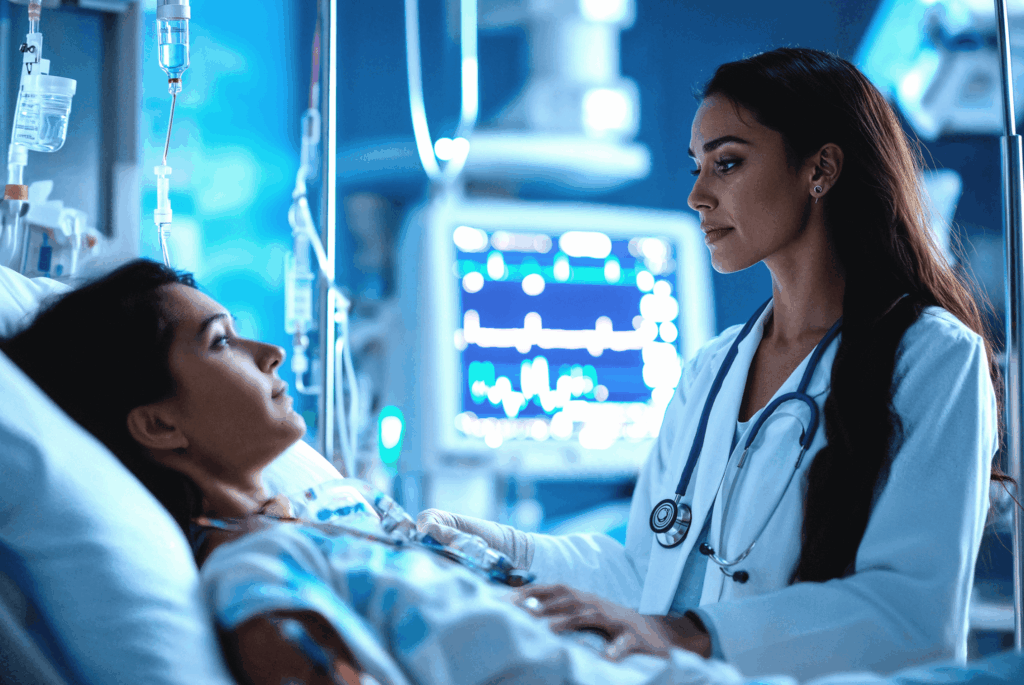 A patient is lying on a medical bed while a nurse adjusts an IV drip above her. Medical equipment is in the background.
