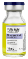 A medical vial with a label that reads "Folic Acid Injection, USP."