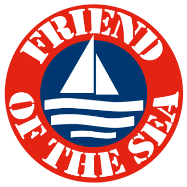 Friend of the Sea certification logo featuring a sailboat on blue background