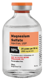 A white medical vial with a label that reads "Magnesium Sulfate Injection."