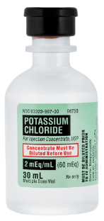 A white medical vial with a label "Potassium Chloride for Injection Concentrate."