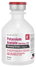 A white medical vial with a label that reads "Potassium Acetate."