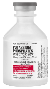 A white medical vial with label that reads "Potassium Phosphates Injection"