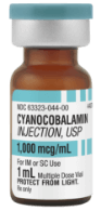 A medical vial with a label that reads "Cyanocobalamin Injection, USP*."