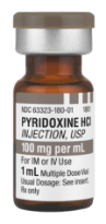 A medical vial with a label that reads "Pyridoxine Hydrochloride Injection, USP." The label also shows "100 mg per mL" along with other smaller text details.