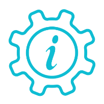 A bright teal gear icon with a lowercase "i" in the center is set against a dark green background.