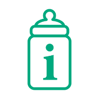 A bright teal baby bottle icon with a lowercase "i" in the center is set against a dark green background.