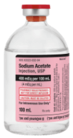 A white medical vial with a label that reads "Sodium Acetate Injection, USP."