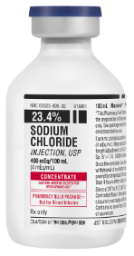 A white medical vial with a label that reads "Sodium Chloride Injection, USP 23.4% (Concentrated)."