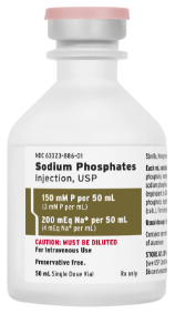 A white medical vial with a label that reads "Sodium Phosphates Injection, USP."