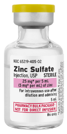 A medical vial with a label that reads "Zinc Sulfate Injection, USP." The label also shows other smaller text details.