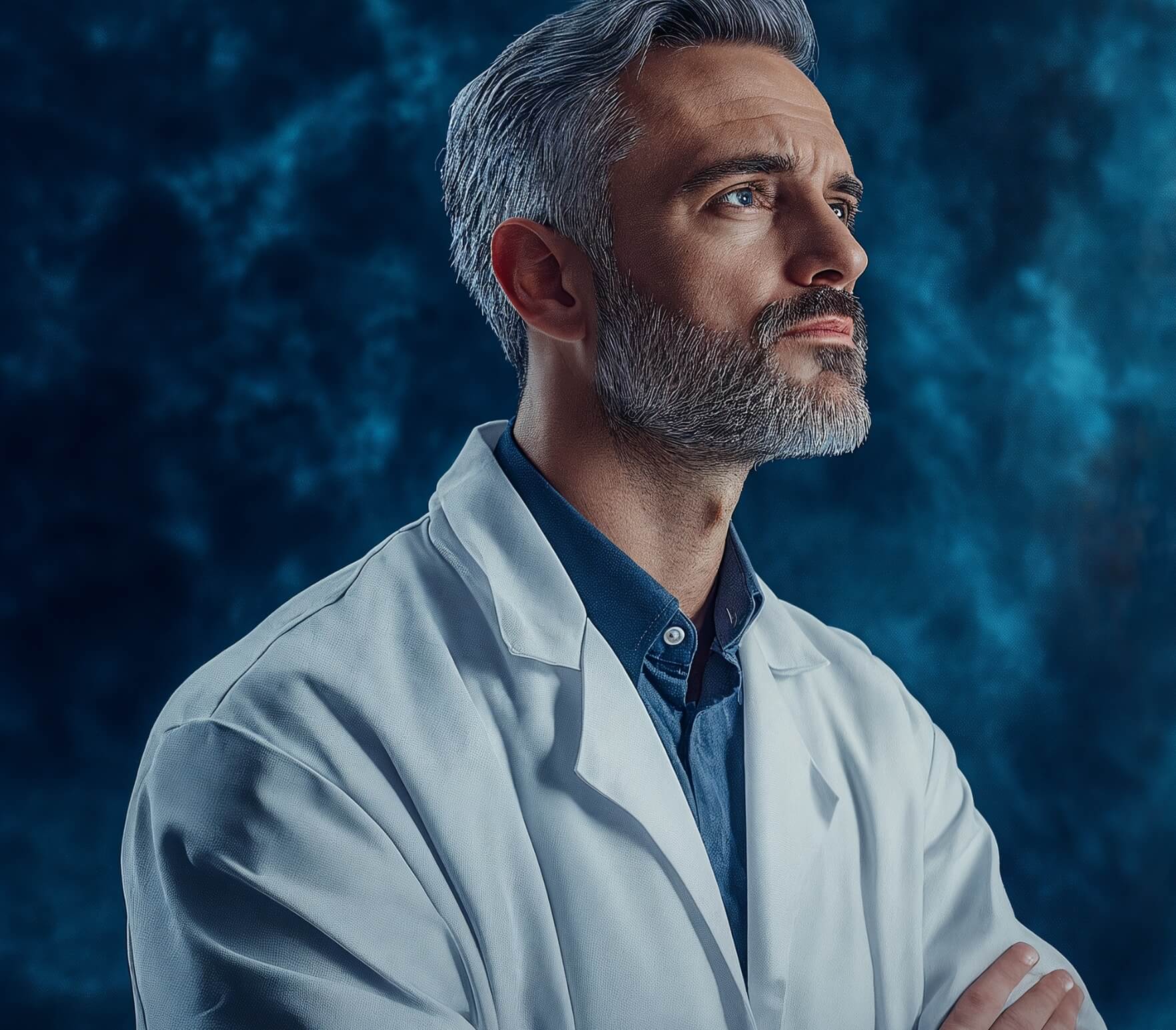A man with a salt-and-pepper beard and short, graying hair is shown from the chest up, wearing a white lab coat over a blue collared shirt. He stands with his arms crossed, looking thoughtfully upwards and to the right against a dark, textured blue background.
