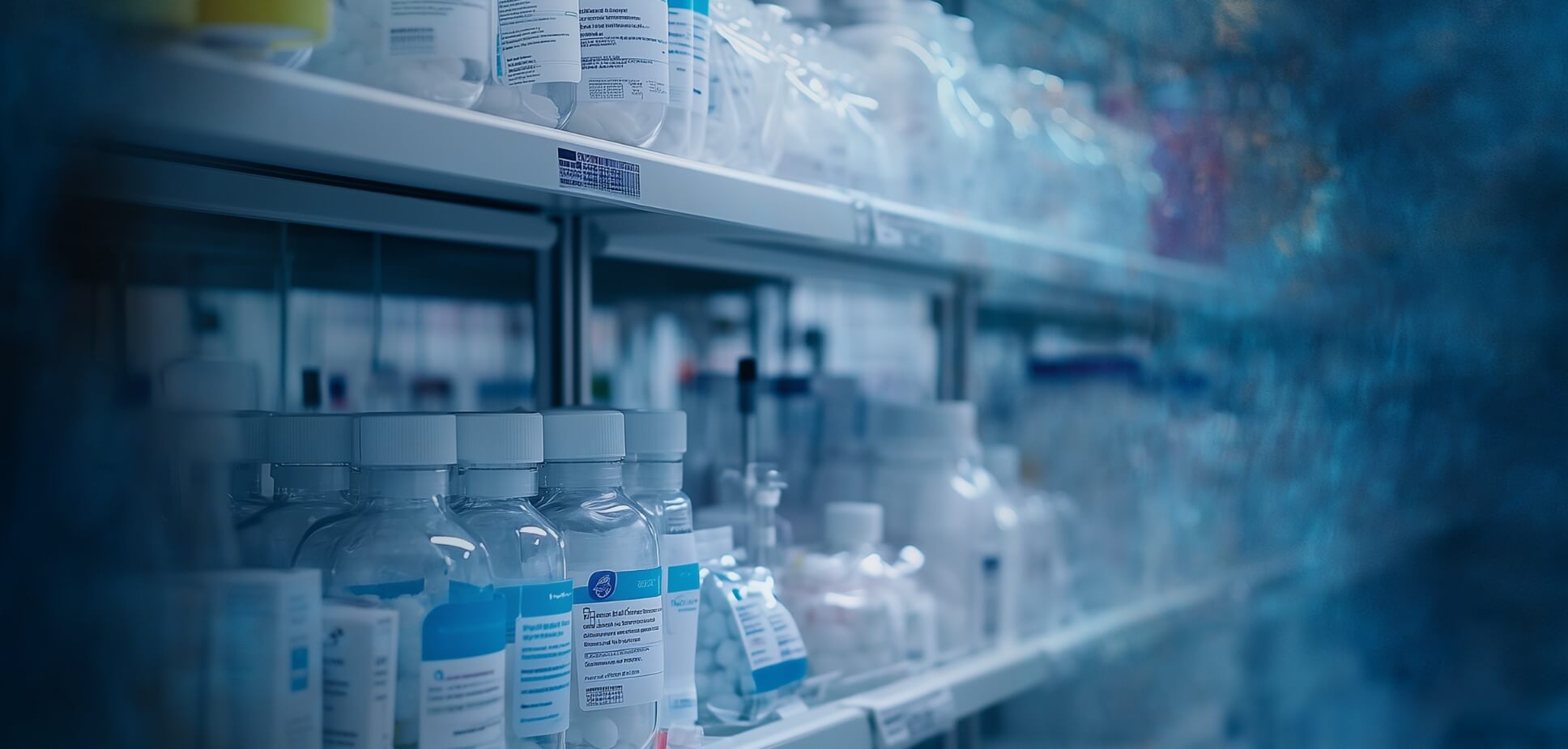 A blurred, low-angle shot of multiple rows of shelves filled with various clear bottles and containers, in a medical setting. The lighting suggests a cool, professional environment, with some blues in the foreground and a warm glow in the background.