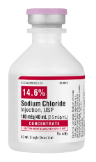 A white medical vial with a label that reads "Sodium Chloride Injection, USP 14.6% (Concentrated)."