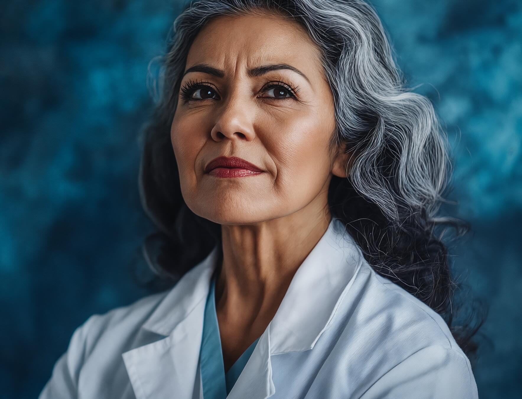 Confident senior female doctor in white coat standing against a blue background