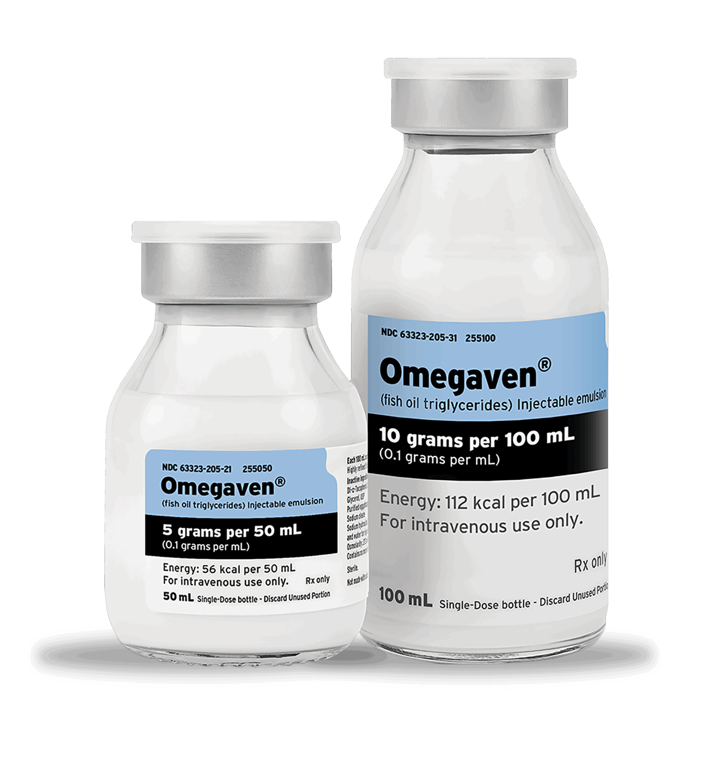2 jars with Omegaven emulsion 50 mL and 100 mL