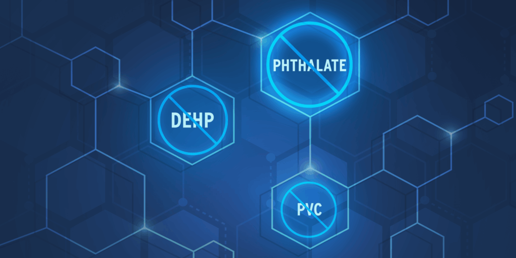 Glowing blue hexagonal grid on dark background featuring three crossed-out chemical abbreviations in circles: PHTHALATE (top right), DEHP (middle left), and PVC (bottom right).