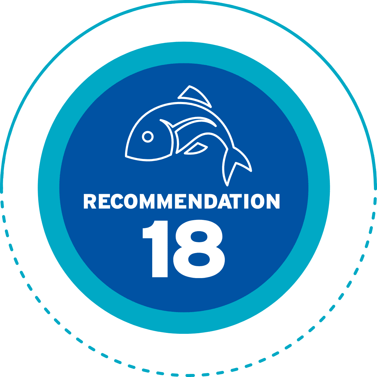 Circular badge graphic with blue outer ring and inner turquoise circle containing a white fish icon under a magnifying glass, overlaid with bold blue text "RECOMMENDATION" and large blue number "18"