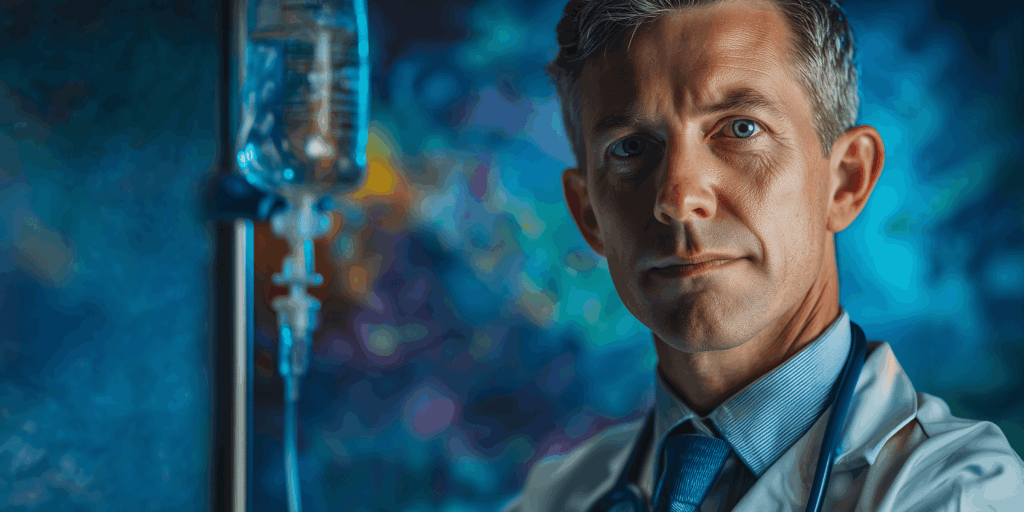 Confident middle-aged male doctor with short graying hair, blue eyes, and warm smile lines, wearing a white lab coat, light blue shirt, blue tie, and stethoscope, standing in a modern medical setting with an IV drip and abstract blue-green cellular background