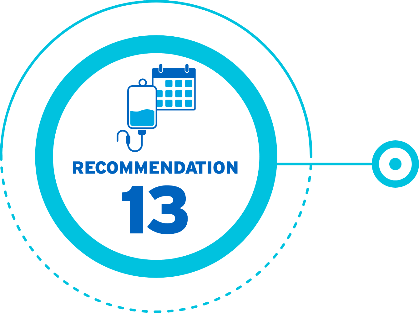Circular badge graphic with blue outer ring containing a white IV fluid bag and calendar icon inside a magnifying glass, overlaid with bold blue text "RECOMMENDATION" and large number "13"