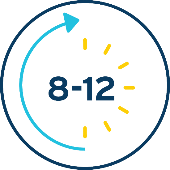 Circular icon showing 8-12 hours with blue outline, yellow hour markers, and a clockwise blue arrow on black background.