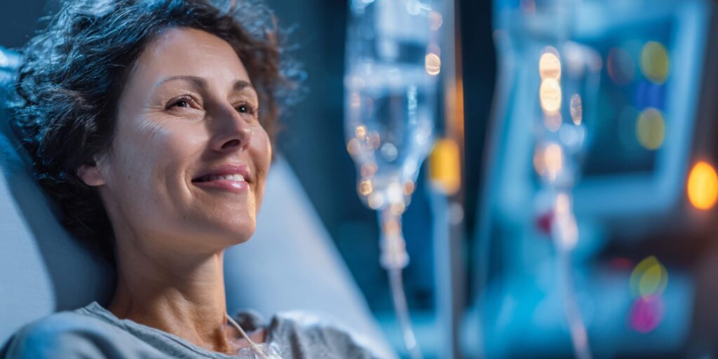 Smiling middle-aged woman with short curly graying hair lying comfortably in a hospital chair during IV infusion treatment, looking hopeful with soft blue-toned lighting and blurred medical equipment in the background.
