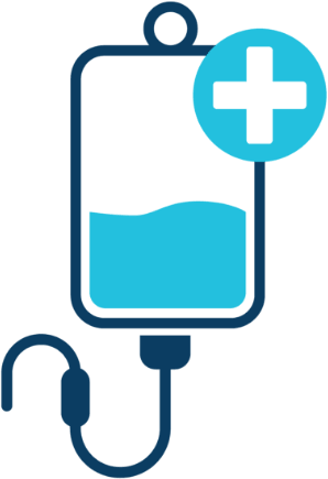 Blue medical IV drip bag icon with liquid inside, tubing, and a white plus symbol in a circle, representing intravenous infusion or medical treatment.