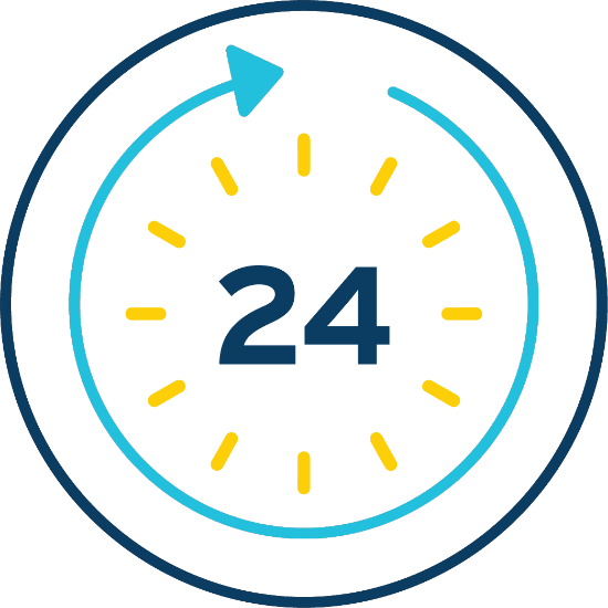 Circular icon of a 24-hour clock with blue outline, yellow hour markers, large blue "24" in the center, and a light blue clockwise arrow on a black background.