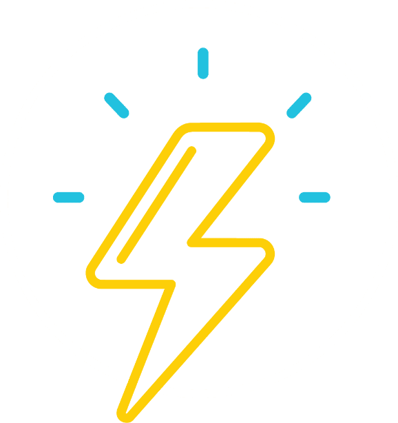 Yellow lightning bolt icon centered inside a white circular border with small blue accent marks on a black background, representing energy or power.