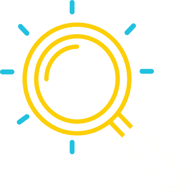 Yellow magnifying glass icon with white handle and blue accent lines radiating outward, symbolizing search or discovery on black background.