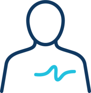 Simple blue line icon of a human silhouette with a light blue wavy heartbeat or ECG line across the chest on a black background.