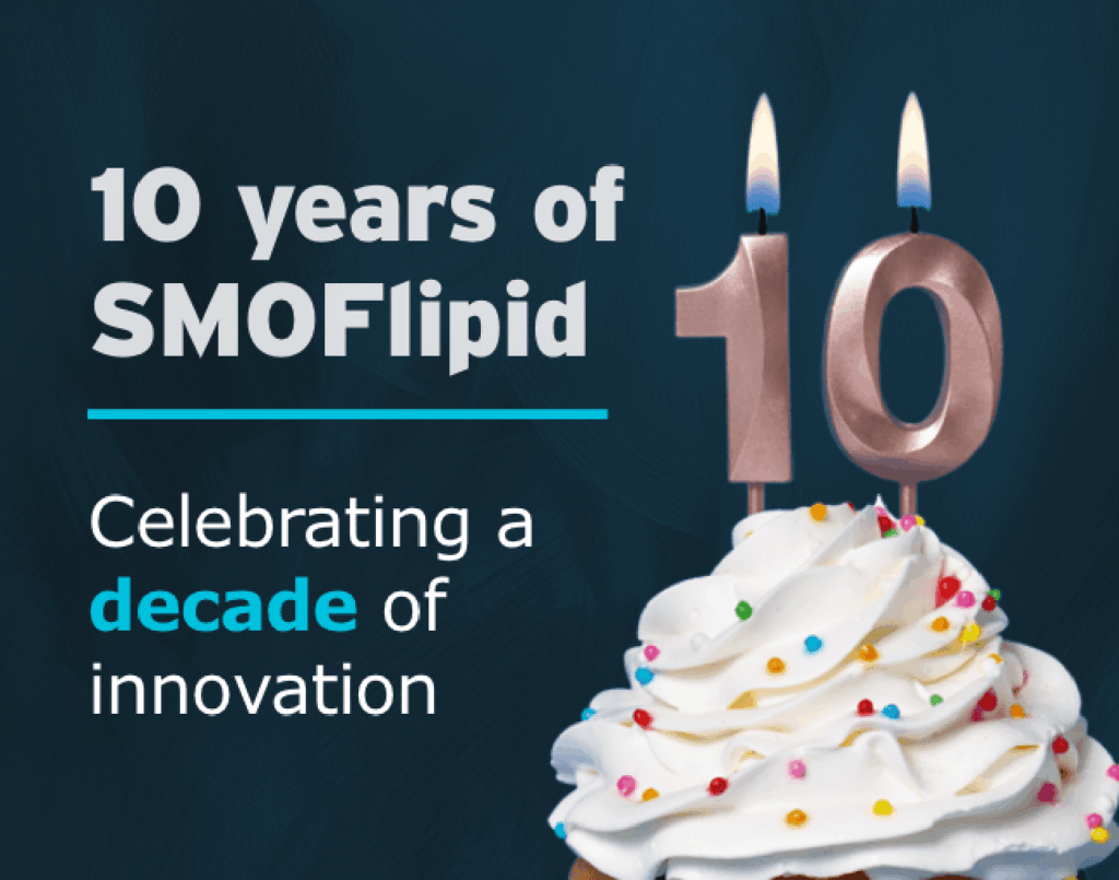 Graphic reading "10 years of SMOFlipid, Celebrating a decade of innovation" beside a photo of frosting with sprinkles topped with lit number 10 candles