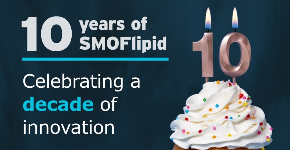 Graphic reading "10 years of SMOFlipid, Celebrating a decade of innovation" beside a photo of frosting with sprinkles topped with lit number 10 candles
