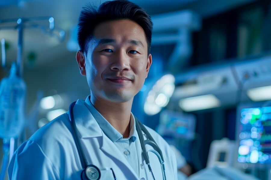 Professional portrait of a smiling East Asian male doctor wearing a white coat and stethoscope, looking confidently at the camera in a modern hospital/ICU environment with medical monitors and equipment in the background.